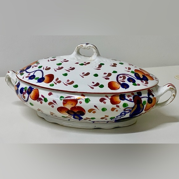 19th Century Antique Gaudy Welsh Oyster Pattern Allertons Marked Lidded Tureen - Picture 11 of 16